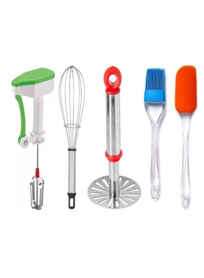 OMORTEX Daily Kitchen Use Combo Kitchen Tool Set Pack of 5 Powerfree Hand Blender Stainless Steel Bhaji Masher Whisk Spatula and Cleaning Brush Multipurpose Cooking Accessories - Image 1